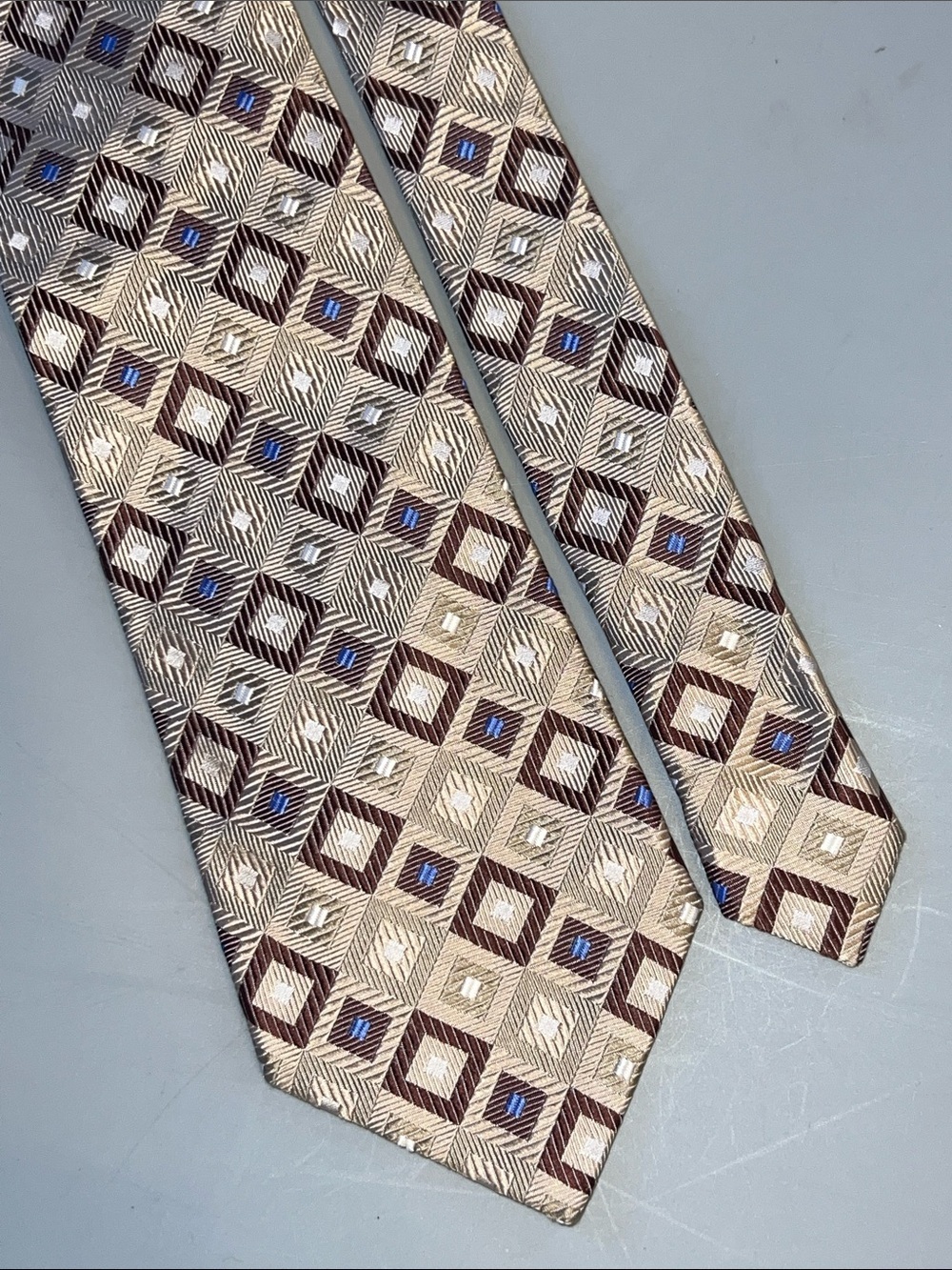 Jos. A. Bank Beige, Brown & Blue Geometric Silk Tie. 59”